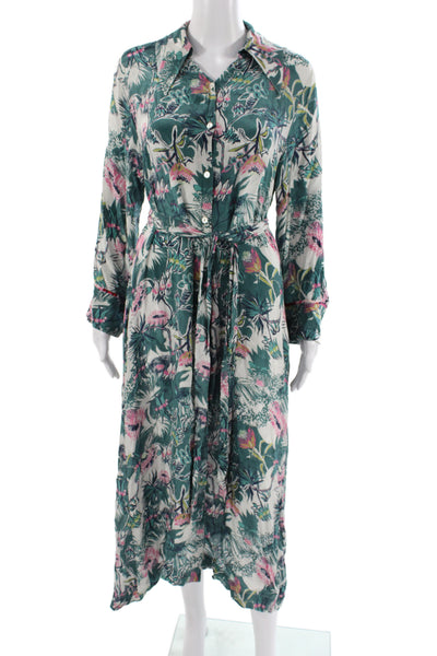 Chufy Womens Maxi Dress Green Floral 100% Viscose Collared Long Sleeve Size XS