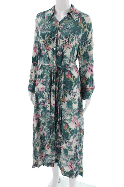 Chufy Womens Maxi Dress Green Floral 100% Viscose Collared Long Sleeve Size XS