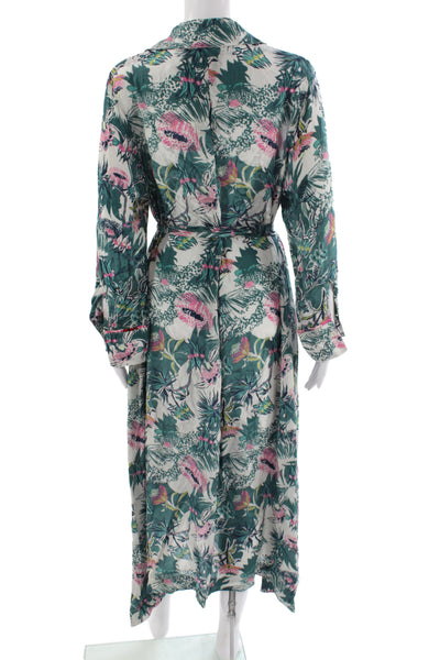 Chufy Womens Maxi Dress Green Floral 100% Viscose Collared Long Sleeve Size XS