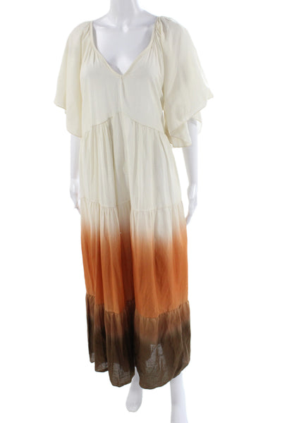 Octopus Womens Ivory Tie Dye Boho V-Neck Short Sleeve Maxi Dress Size 1