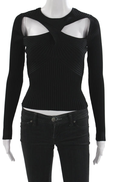 Self-Portrait Womens Cropped Blouse Black Long Sleeve Round Neck Size M