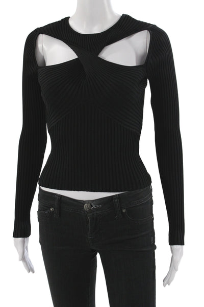 Self-Portrait Womens Cropped Blouse Black Long Sleeve Round Neck Size M