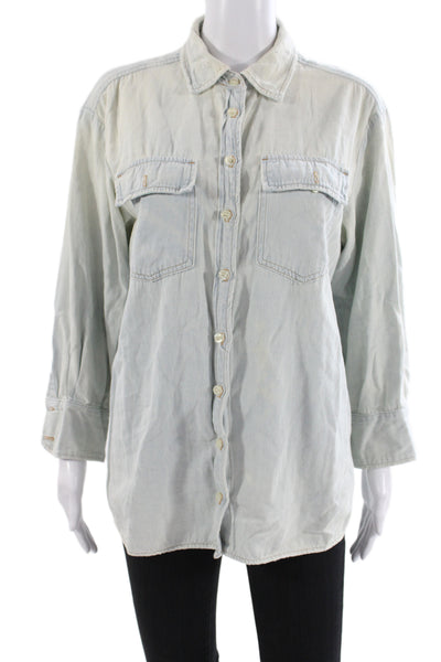 The Great Womens Basic Collared Button-Up Top Blue Cotton Long Sleeve Size 0