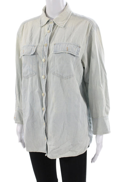 The Great Womens Basic Collared Button-Up Top Blue Cotton Long Sleeve Size 0