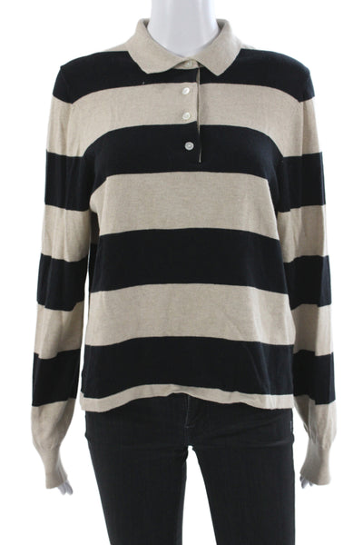 Wyeth Women Collared Striped Pullover Sweater Beige Cotton Long Sleeve Size S