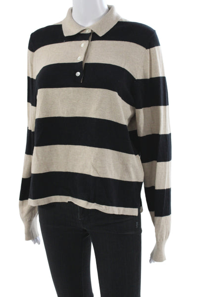 Wyeth Women Collared Striped Pullover Sweater Beige Cotton Long Sleeve Size S