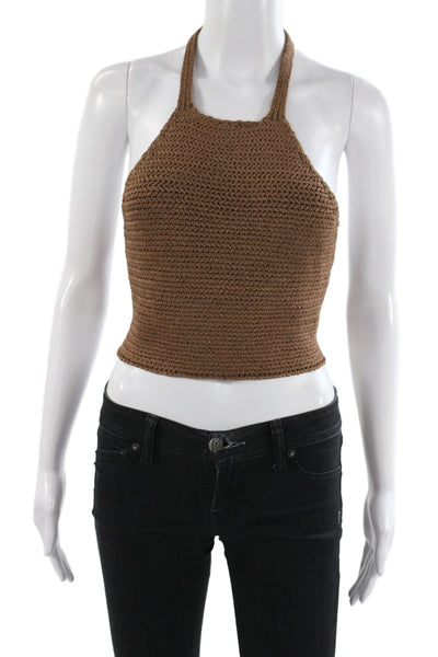 Elan Women Cropped Halter Tank Boho Brown Tie Solid Sleeveless Summer Size S