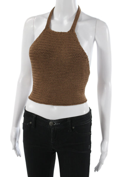 Elan Women Cropped Halter Tank Boho Brown Tie Solid Sleeveless Summer Size S