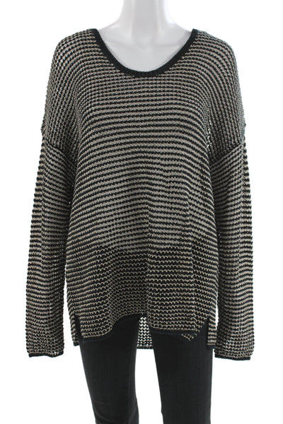 Eileen Fisher Womens Striped Scoop Neck Pullover Beige Long Sleeve Size L