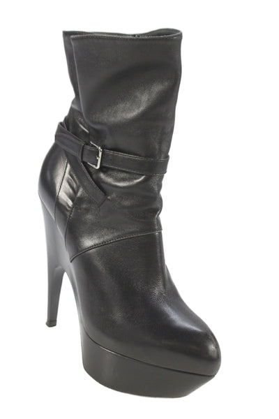 Yves Saint Laurent Womens Leather Platform Belted Ankle Boots Black Size 36 6