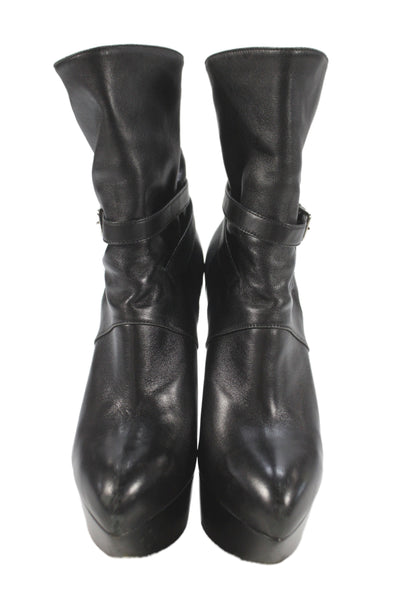 Yves Saint Laurent Womens Leather Platform Belted Ankle Boots Black Size 36 6
