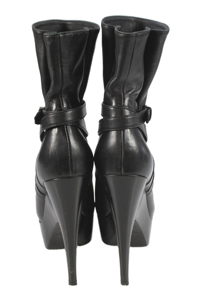 Yves Saint Laurent Womens Leather Platform Belted Ankle Boots Black Size 36 6