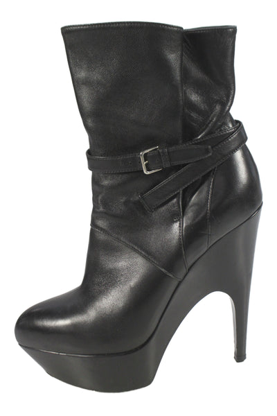 Yves Saint Laurent Womens Leather Platform Belted Ankle Boots Black Size 36 6