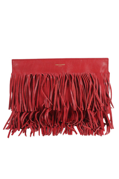 Saint Laurent Womens Leather Fringe Embellished Clutch Handbag Red