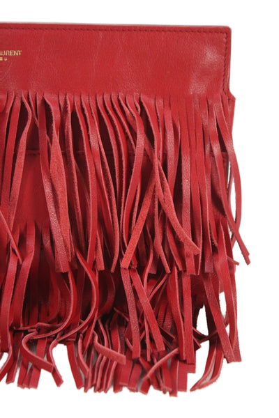 Saint Laurent Womens Leather Fringe Embellished Clutch Handbag Red