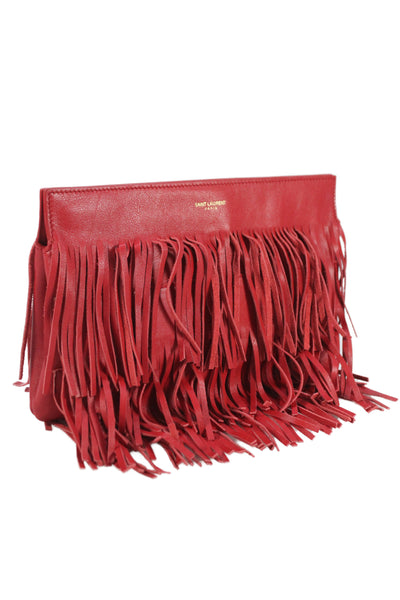 Saint Laurent Womens Leather Fringe Embellished Clutch Handbag Red
