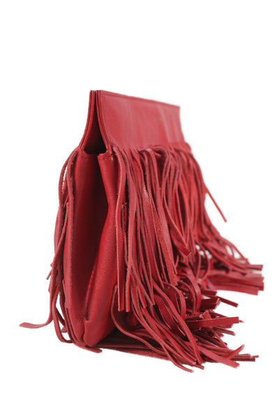 Saint Laurent Womens Leather Fringe Embellished Clutch Handbag Red