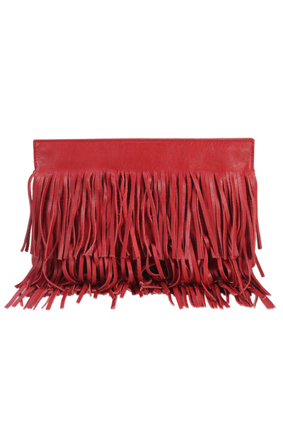 Saint Laurent Womens Leather Fringe Embellished Clutch Handbag Red