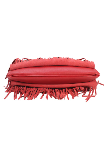 Saint Laurent Womens Leather Fringe Embellished Clutch Handbag Red