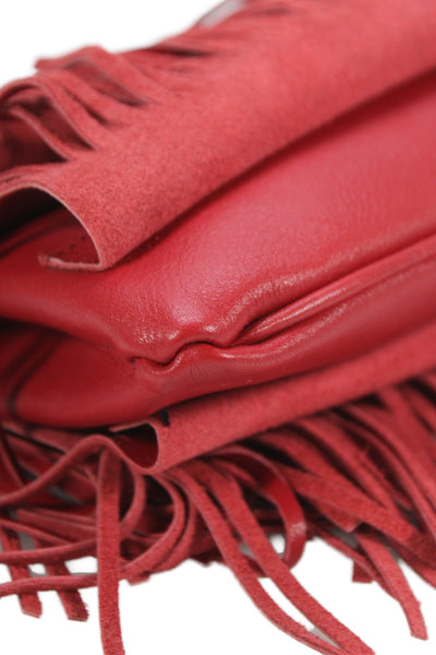 Saint Laurent Womens Leather Fringe Embellished Clutch Handbag Red