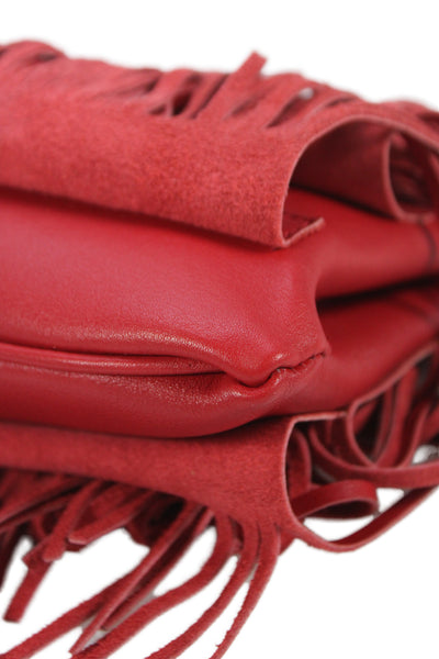Saint Laurent Womens Leather Fringe Embellished Clutch Handbag Red