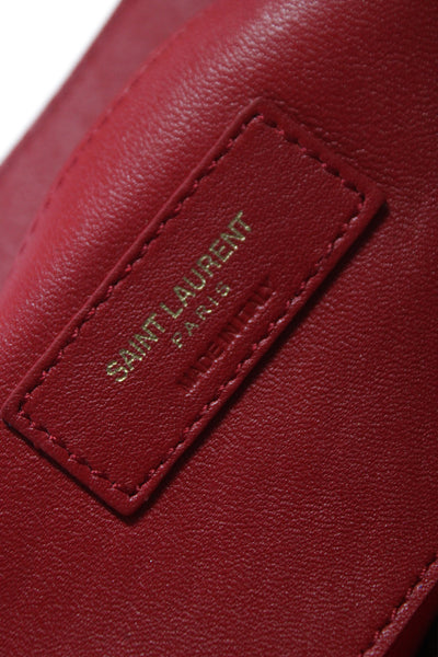 Saint Laurent Womens Leather Fringe Embellished Clutch Handbag Red
