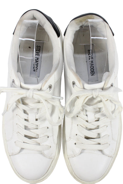 Steve Madden Womens Leather Lace Up Low Top Sneakers White Black Size 11 Medium
