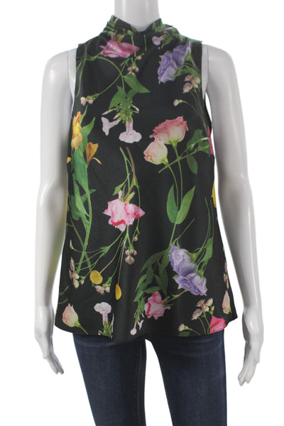 Ted Baker Womens Black Floral Sleeveless High Neck Tie Tunic Blouse Size 2