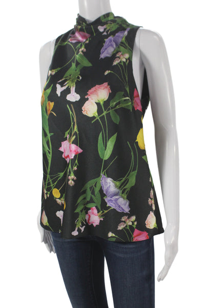 Ted Baker Womens Black Floral Sleeveless High Neck Tie Tunic Blouse Size 2