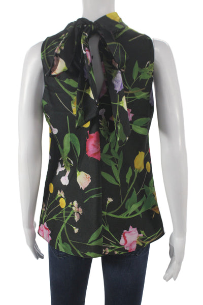 Ted Baker Womens Black Floral Sleeveless High Neck Tie Tunic Blouse Size 2