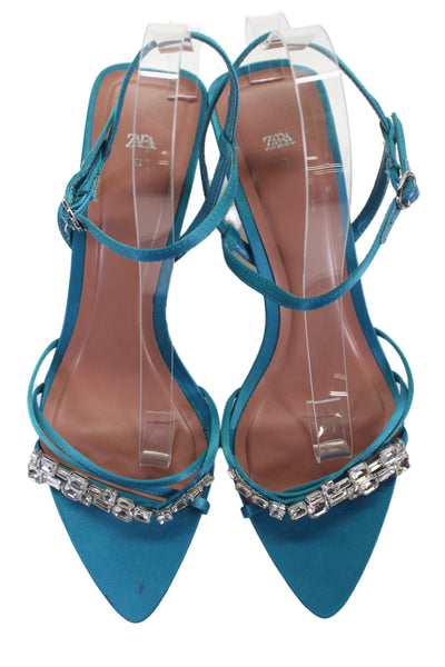 Zara Womens Jewel Strap Ankle Buckled Pointed Toe Kitten Heels Blue Size EUR 41