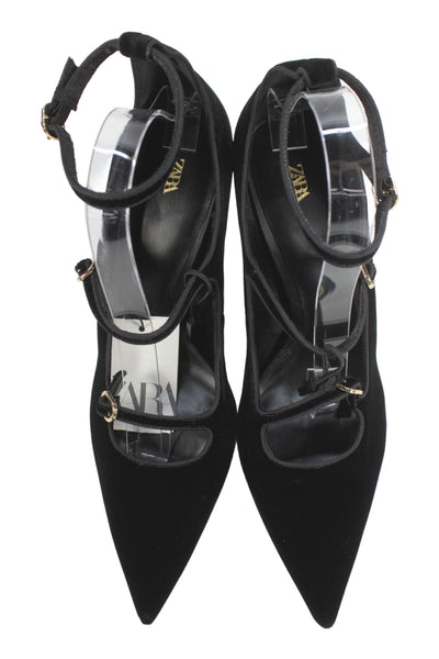 Zara Womens Velvet Ankle Buckled Pointed Toe Heels Black Size EUR 12