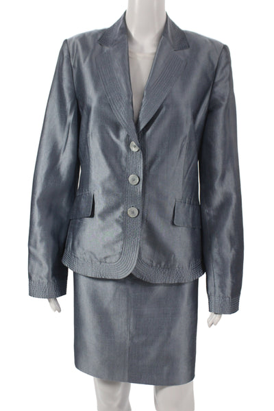 Les Copains Womens Metallic Silk Long Sleeve Blazer Skirt Suit Set Blue Size 46