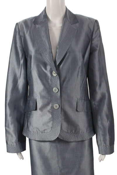 Les Copains Womens Metallic Silk Long Sleeve Blazer Skirt Suit Set Blue Size 46