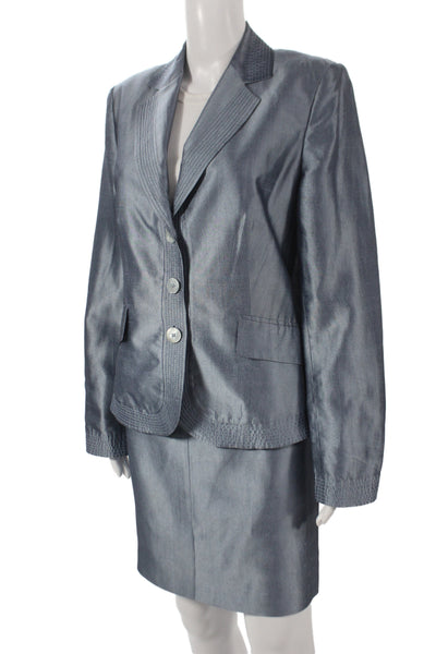 Les Copains Womens Metallic Silk Long Sleeve Blazer Skirt Suit Set Blue Size 46