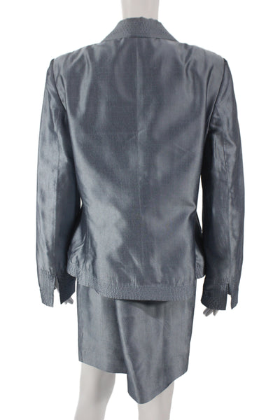 Les Copains Womens Metallic Silk Long Sleeve Blazer Skirt Suit Set Blue Size 46