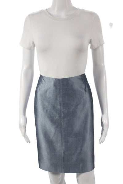 Les Copains Womens Metallic Silk Long Sleeve Blazer Skirt Suit Set Blue Size 46