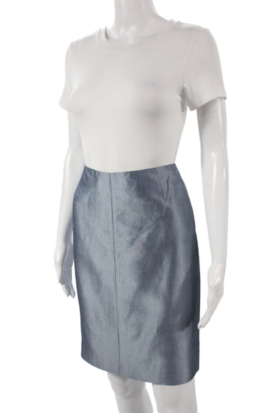 Les Copains Womens Metallic Silk Long Sleeve Blazer Skirt Suit Set Blue Size 46