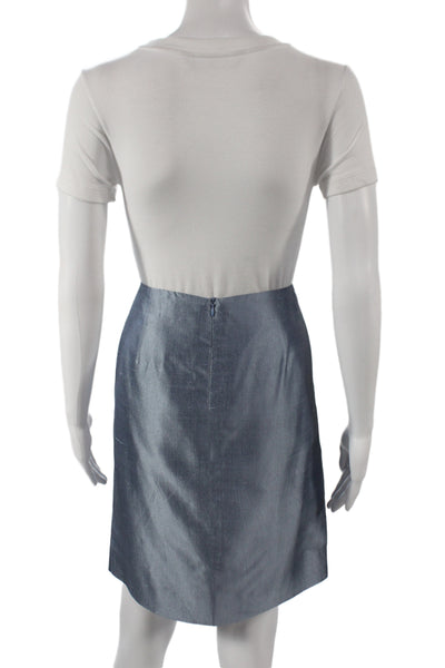 Les Copains Womens Metallic Silk Long Sleeve Blazer Skirt Suit Set Blue Size 46