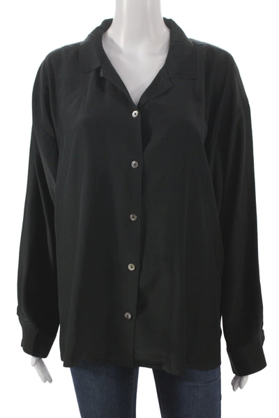 Eileen Fisher Women Black Silk Collared Long Sleeve Basic Blouse Size S