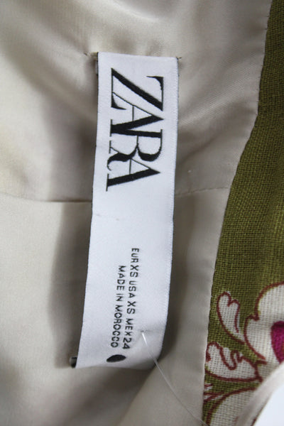 Zara Womens Basic Jacket Green Floral Button Long Sleeve Polyester Size XS