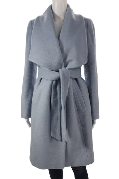 Cole Haan Women Overcoat Blue Alpaca Blend Tie Waist Long Sleeve Size 6