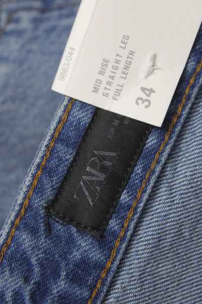 Zara Women Straight High Rise Jeans Blue 100% Cotton Button Size 2