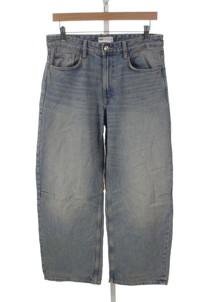Zara Women High Rise Wide Leg Jeans Blue Button Fly 26 Inseam Size 6