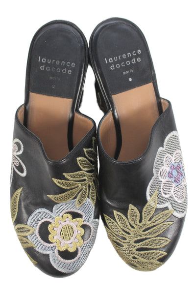 Laurence Dacade Womens Leather Embroidered Clogs Heels Black Size 38.5 8.5