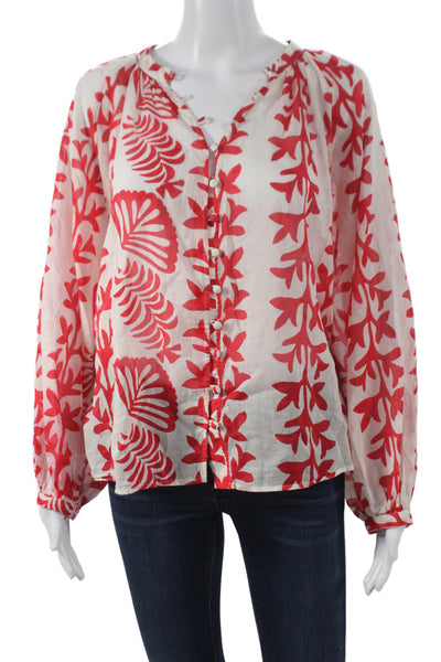 MNG Women Tunic Blouse Red Floral V-Neck Long Sleeve 100% Cotton Button Size 6