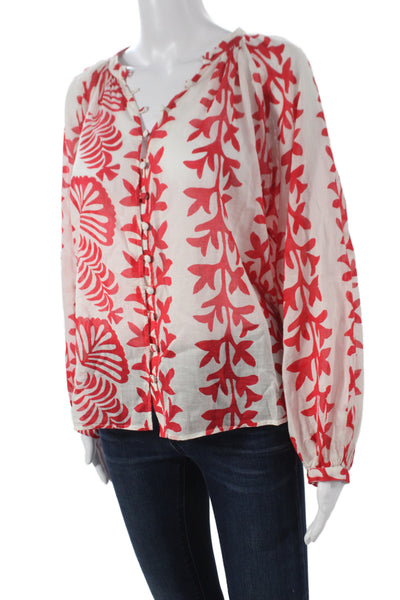 MNG Women Tunic Blouse Red Floral V-Neck Long Sleeve 100% Cotton Button Size 6