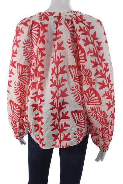 MNG Women Tunic Blouse Red Floral V-Neck Long Sleeve 100% Cotton Button Size 6