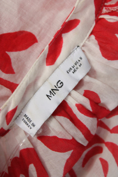 MNG Women Tunic Blouse Red Floral V-Neck Long Sleeve 100% Cotton Button Size 6