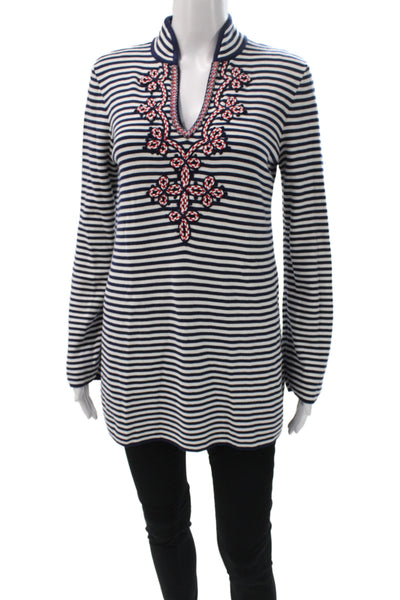 Tory Burch Womens Blue Striped V-Neck Tunic Long Sleeve Nautical Size S